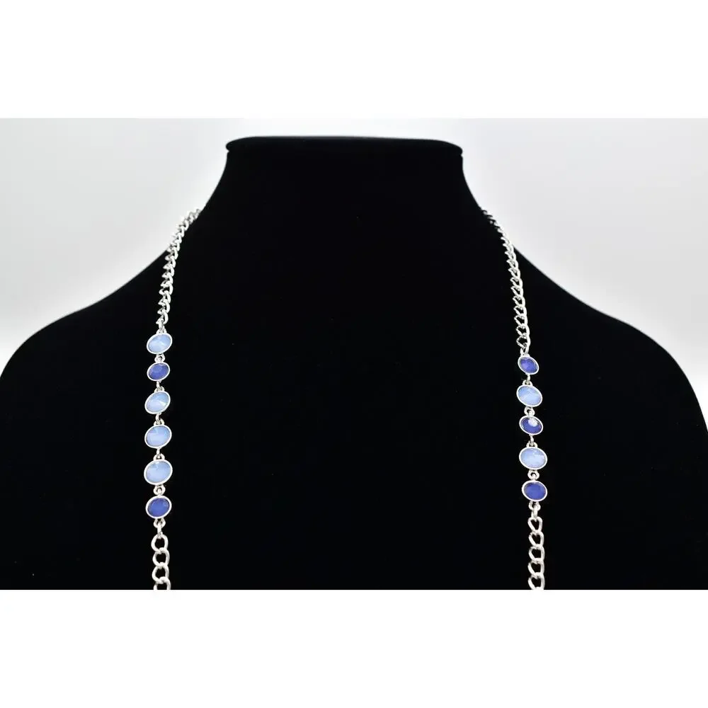 Vintage Station Chain Necklace Sky Blue Crystal Silver Tone Long Y2K BinBJ